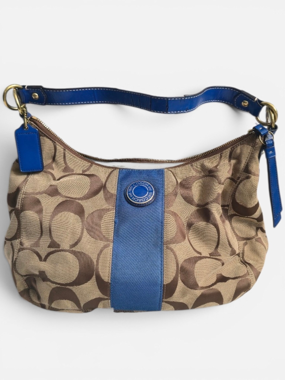 Coach Brown Signature Jacquard Shoulder Bag With Blue Trim 19281